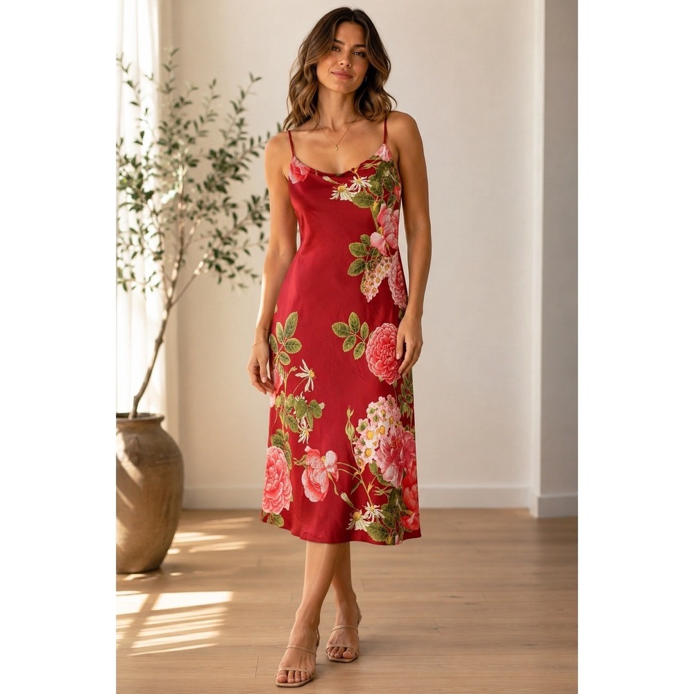 NATORI Satin Mandarin Slip Dress Women's M Long Floral Scoop Neck Adjustable
